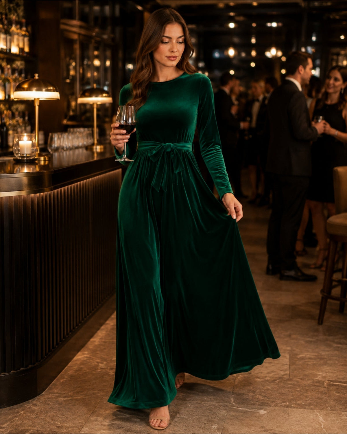 Round Neck Belted Long Sleeve Velvet Maxi Dress