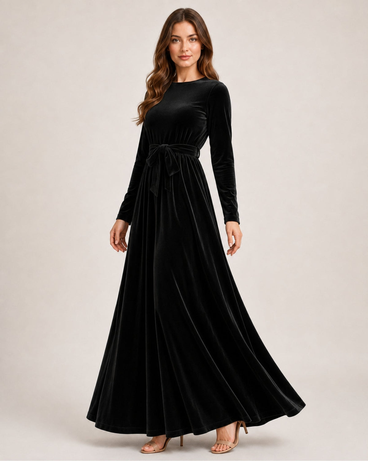 Round Neck Belted Long Sleeve Velvet Maxi Dress