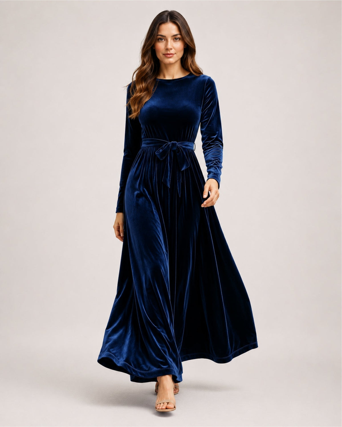 Round Neck Belted Long Sleeve Velvet Maxi Dress