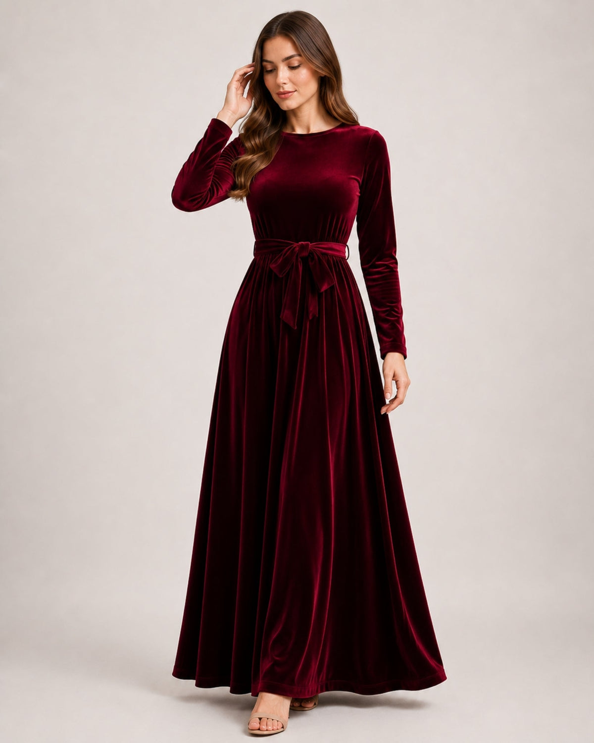 Round Neck Belted Long Sleeve Velvet Maxi Dress