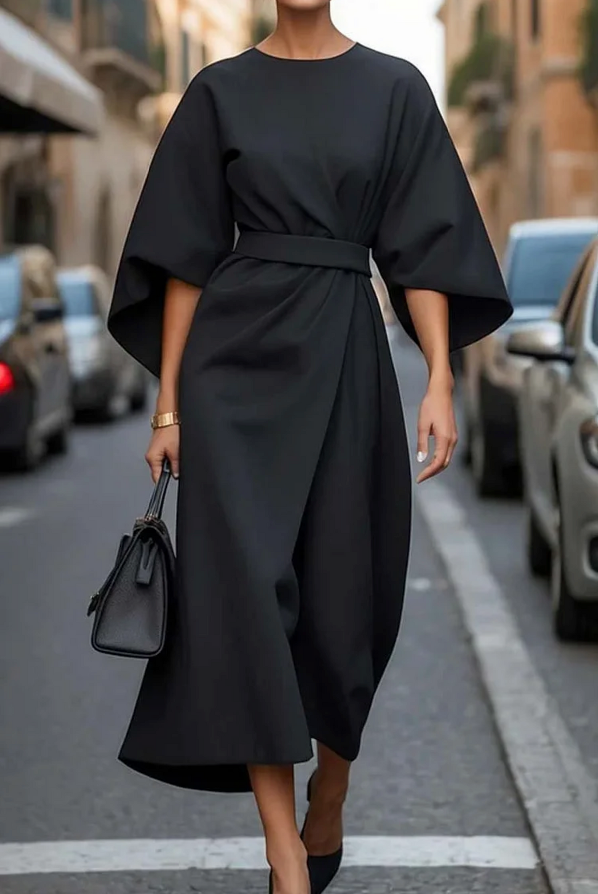 Round Neck Belted Midi Dress