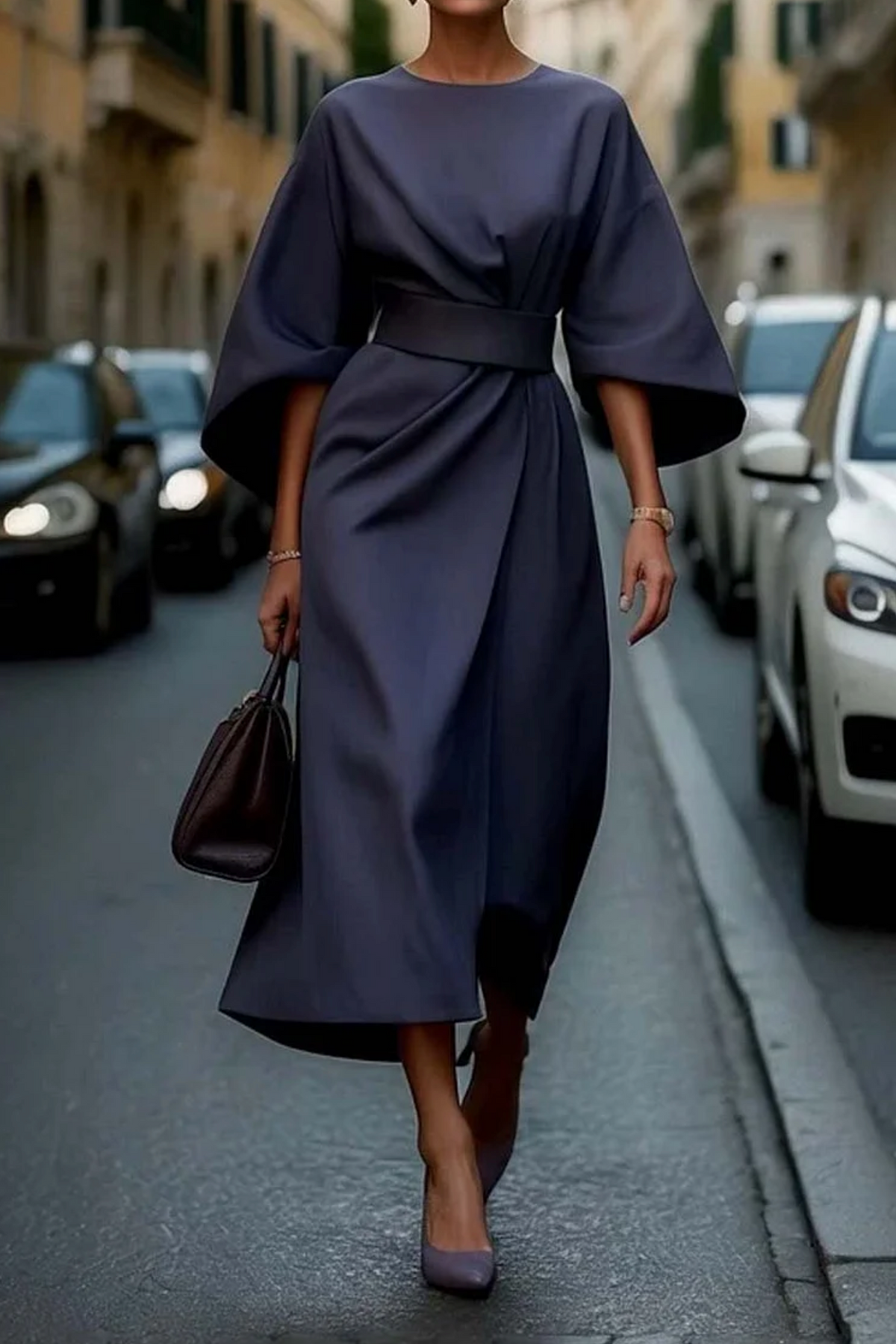 Round Neck Belted Midi Dress