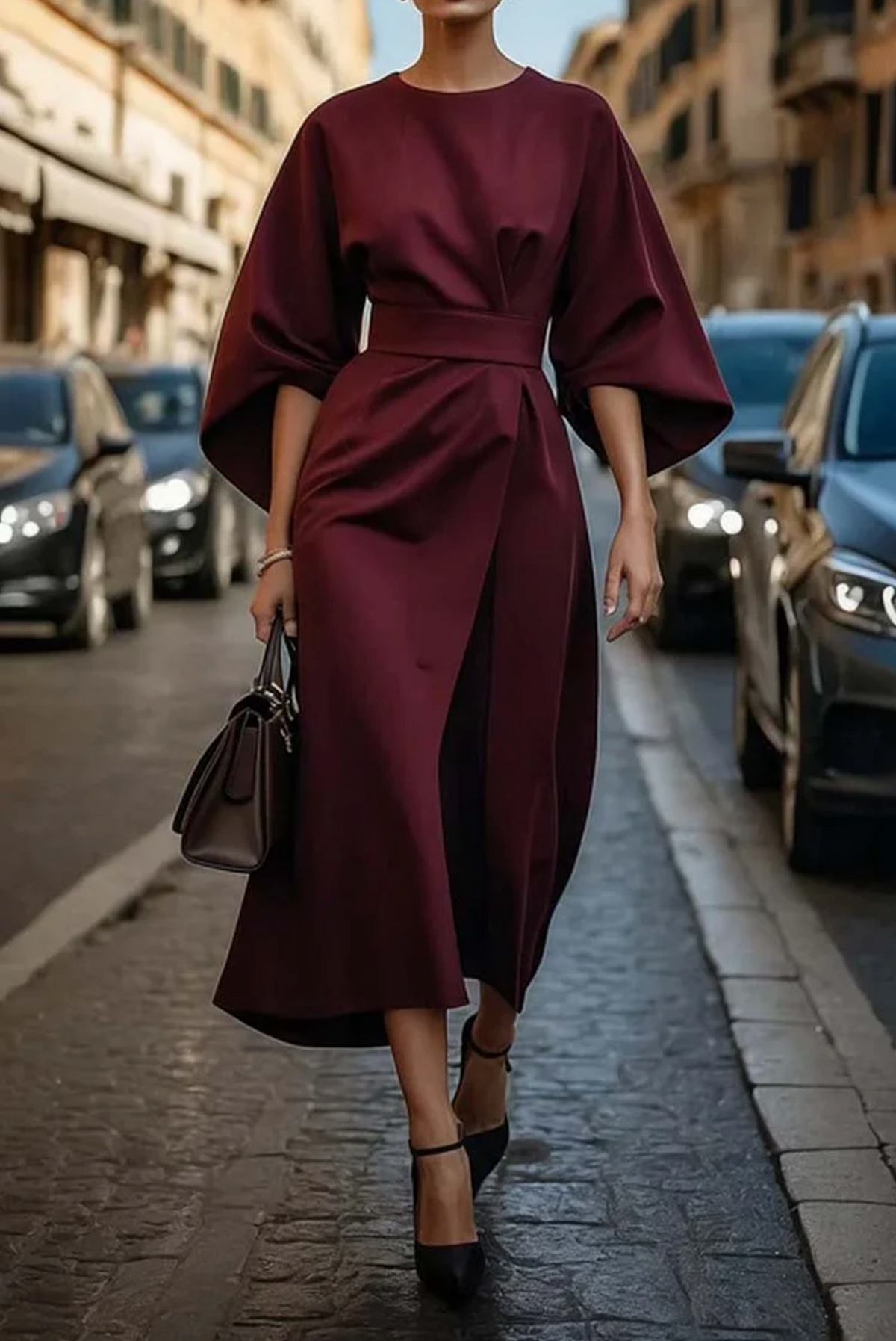 Round Neck Belted Midi Dress