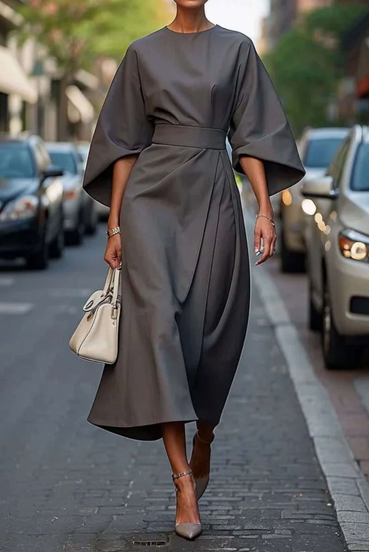 Round Neck Belted Midi Dress