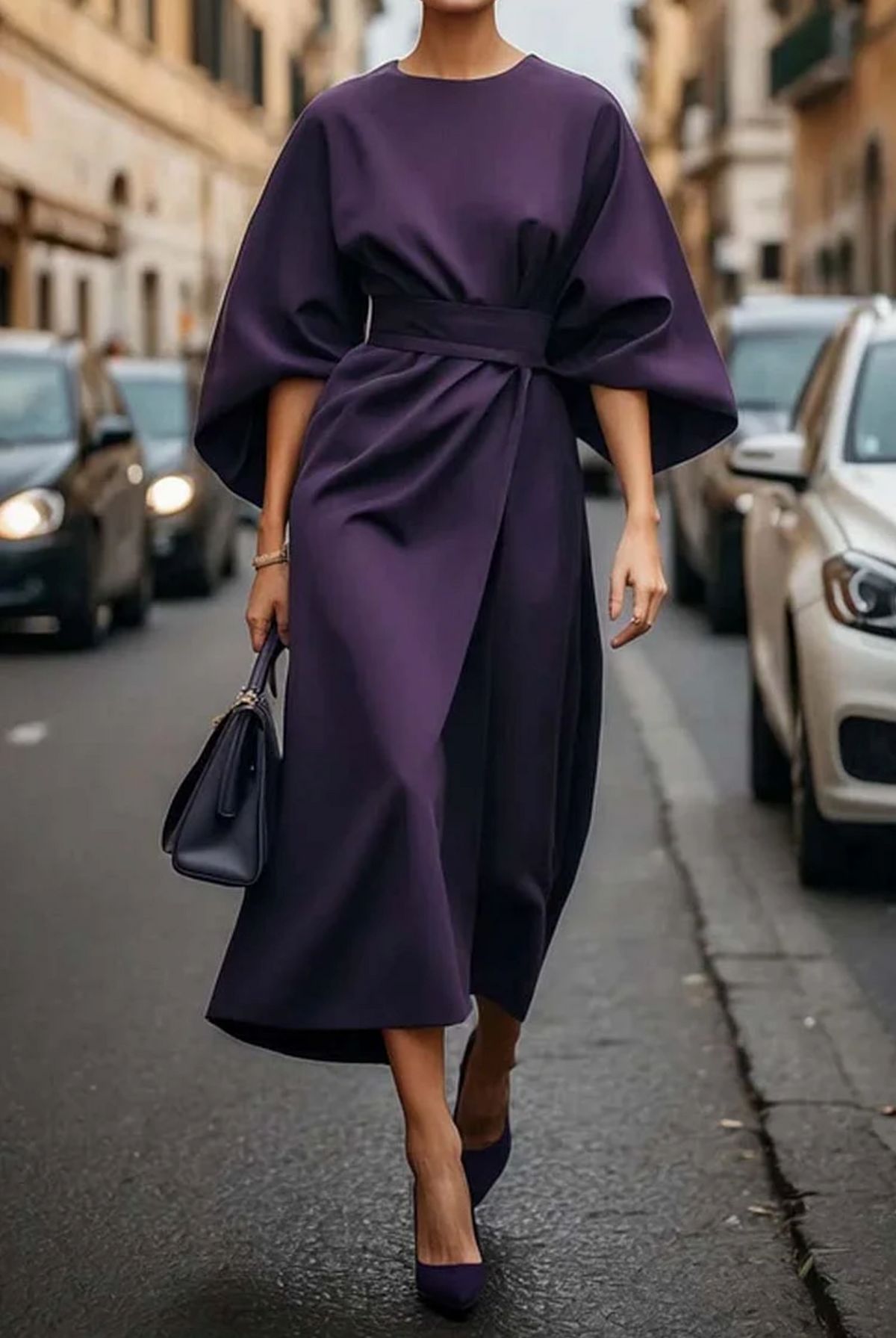 Round Neck Belted Midi Dress