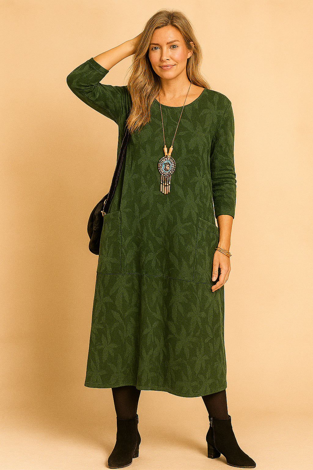 Round Neck Long Sleeve Midi Dress