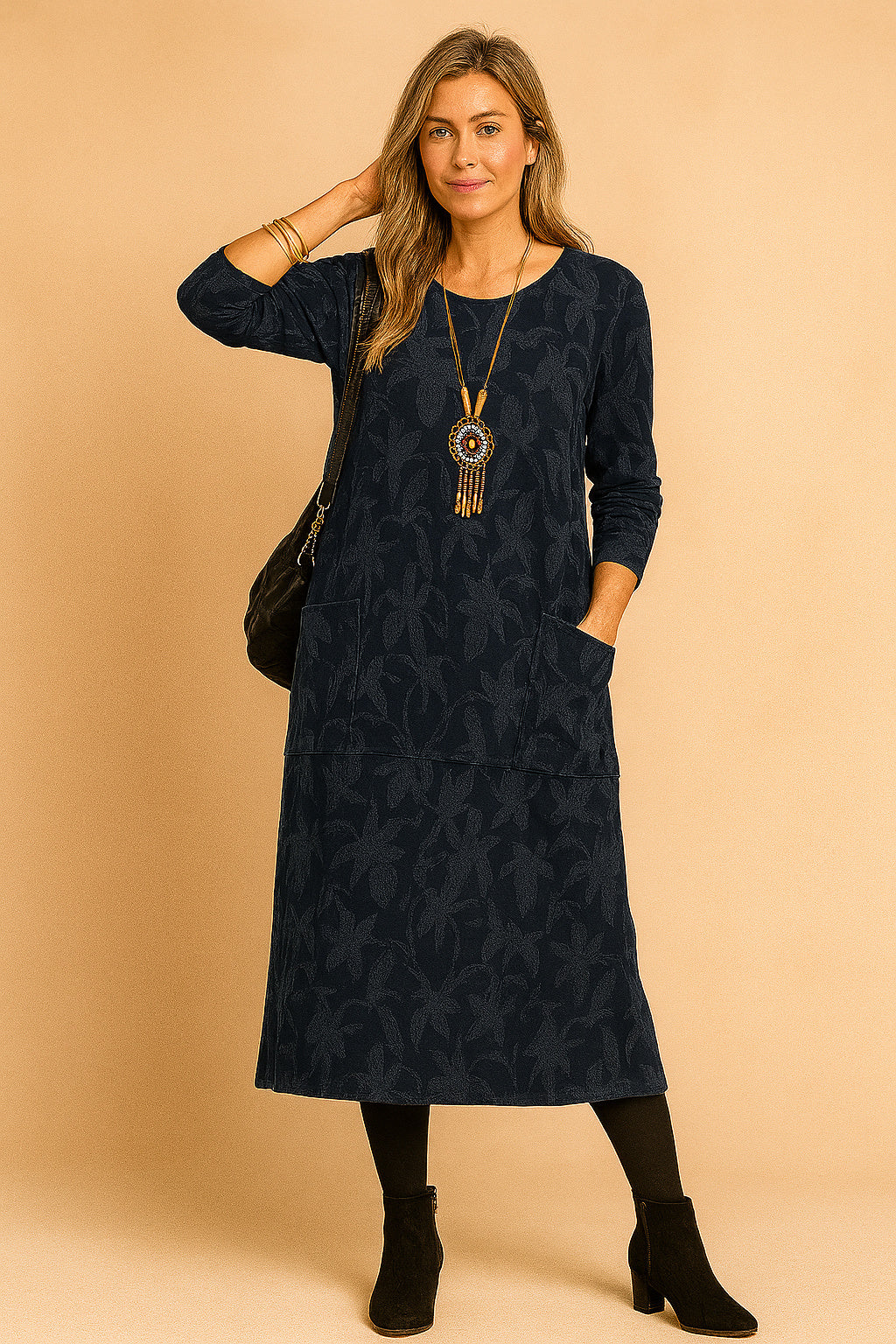 Round Neck Long Sleeve Midi Dress