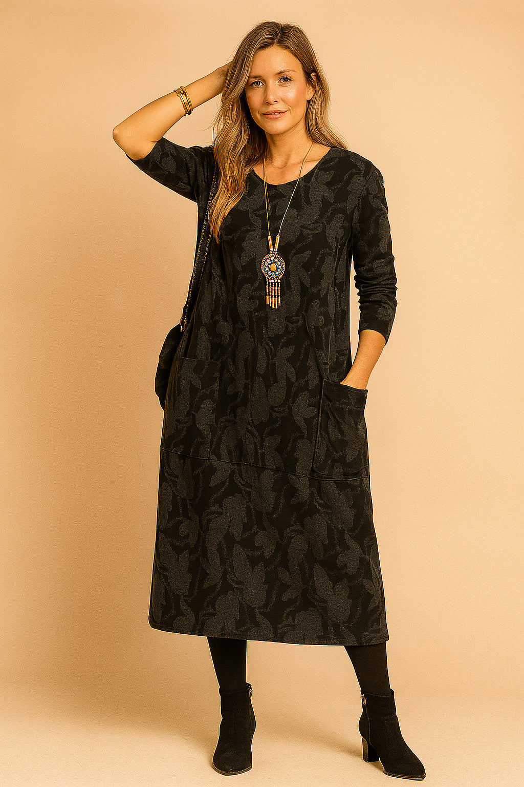 Round Neck Long Sleeve Midi Dress