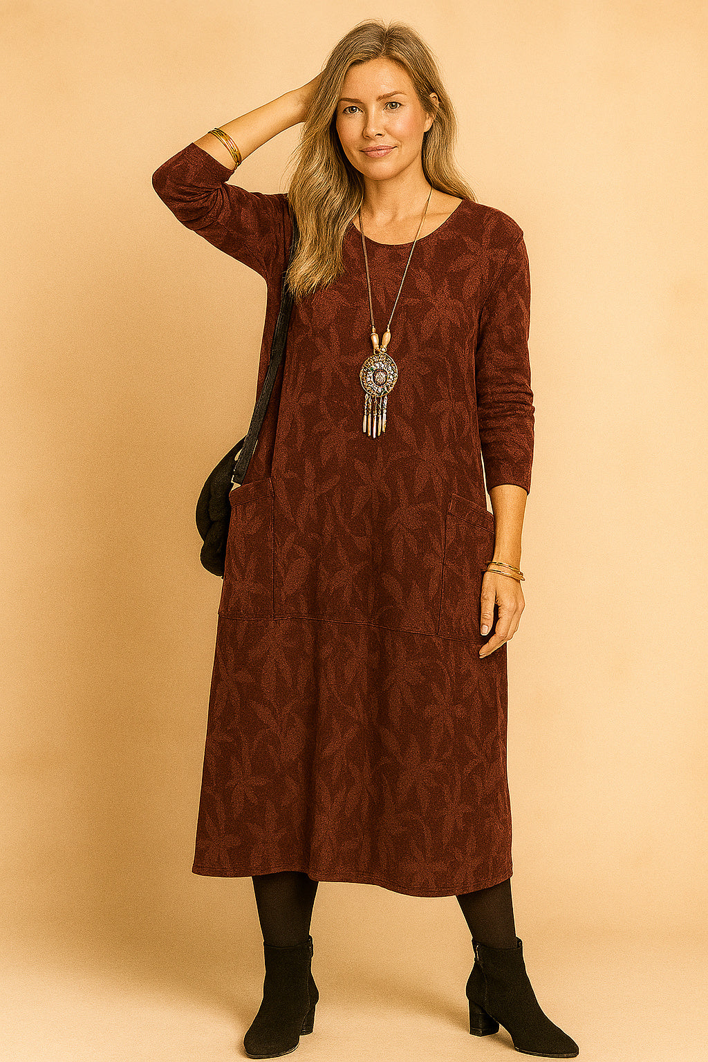 Round Neck Long Sleeve Midi Dress