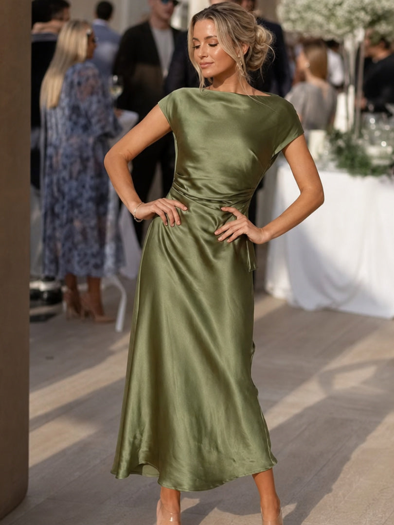 Short Sleeve Boat Neck Satin Midi Dress