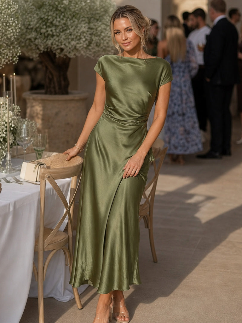 Short Sleeve Boat Neck Satin Midi Dress