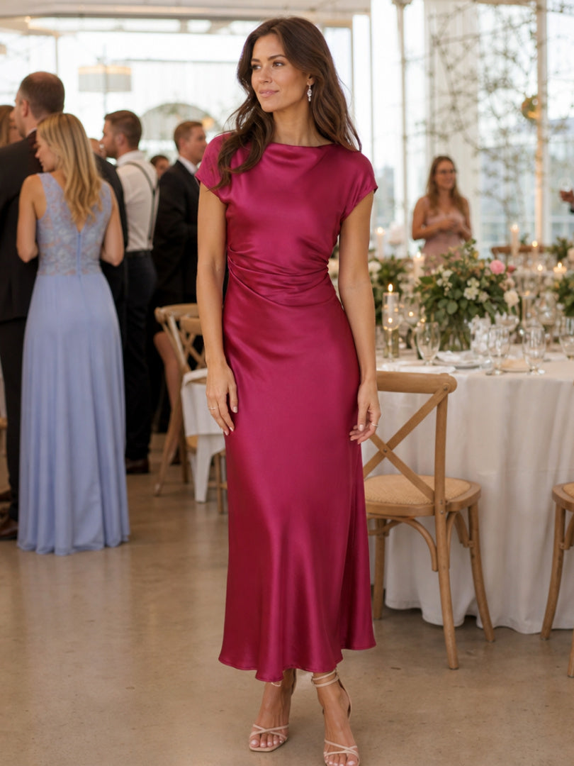 Short Sleeve Boat Neck Satin Midi Dress