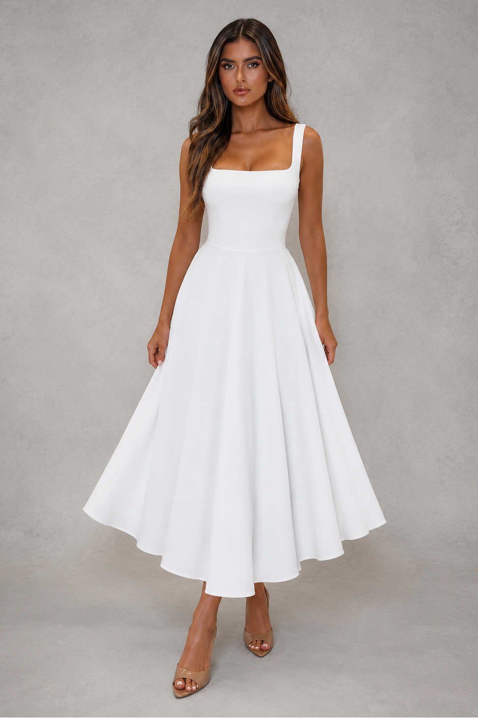 Sleeveless Square Neck A-Line Midi Dress