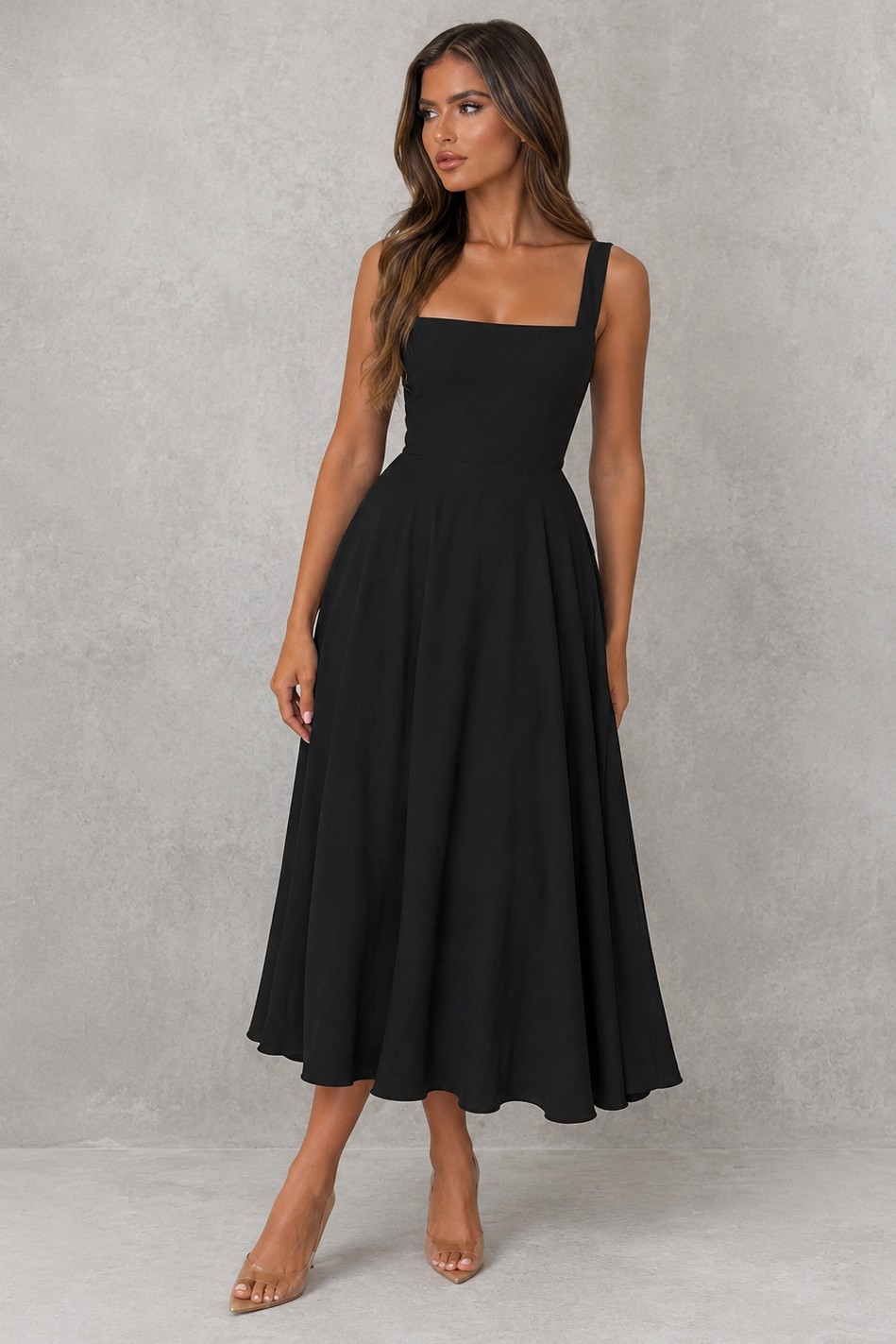 Sleeveless Square Neck A-Line Midi Dress