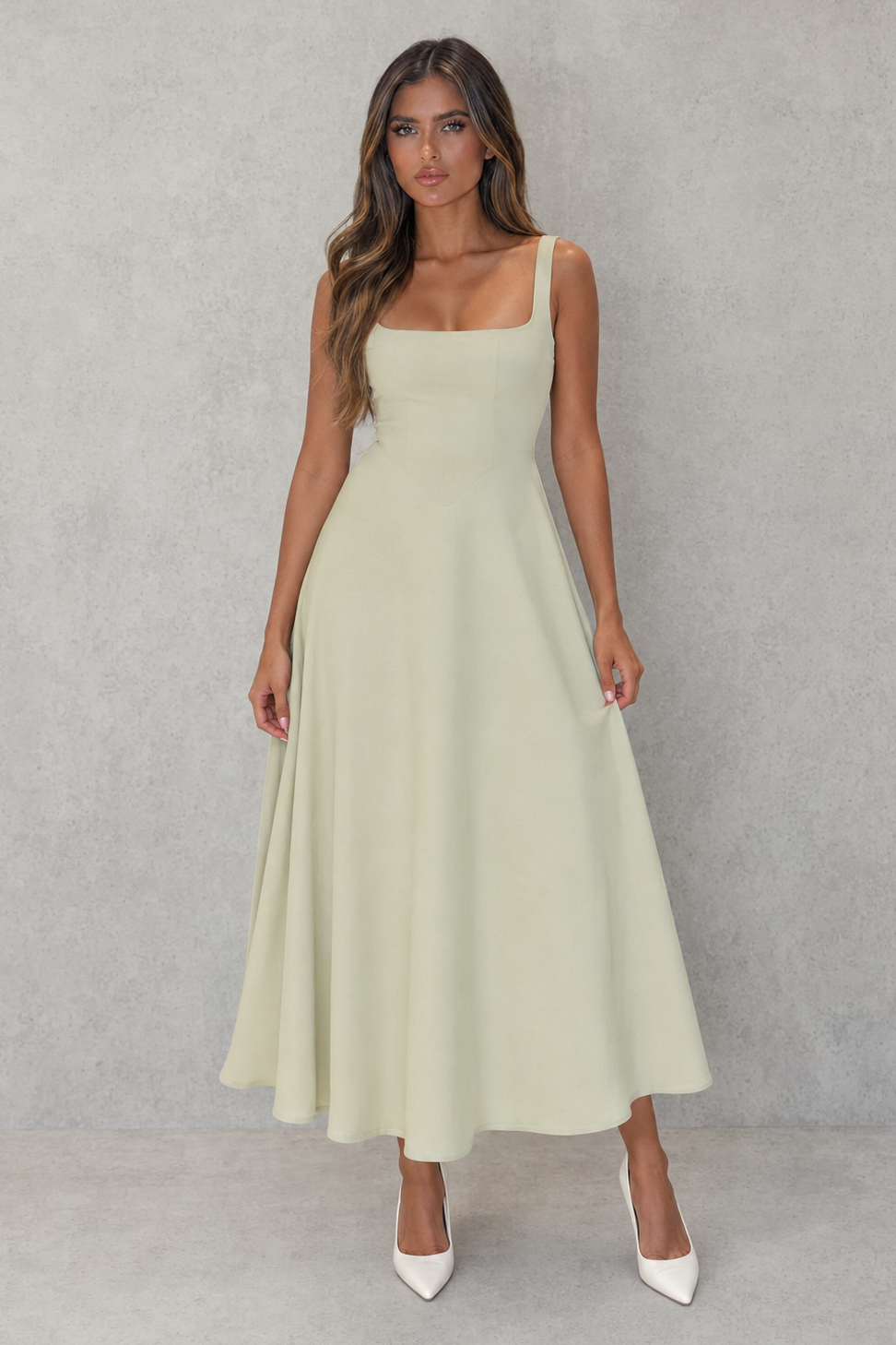 Sleeveless Square Neck A-Line Midi Dress
