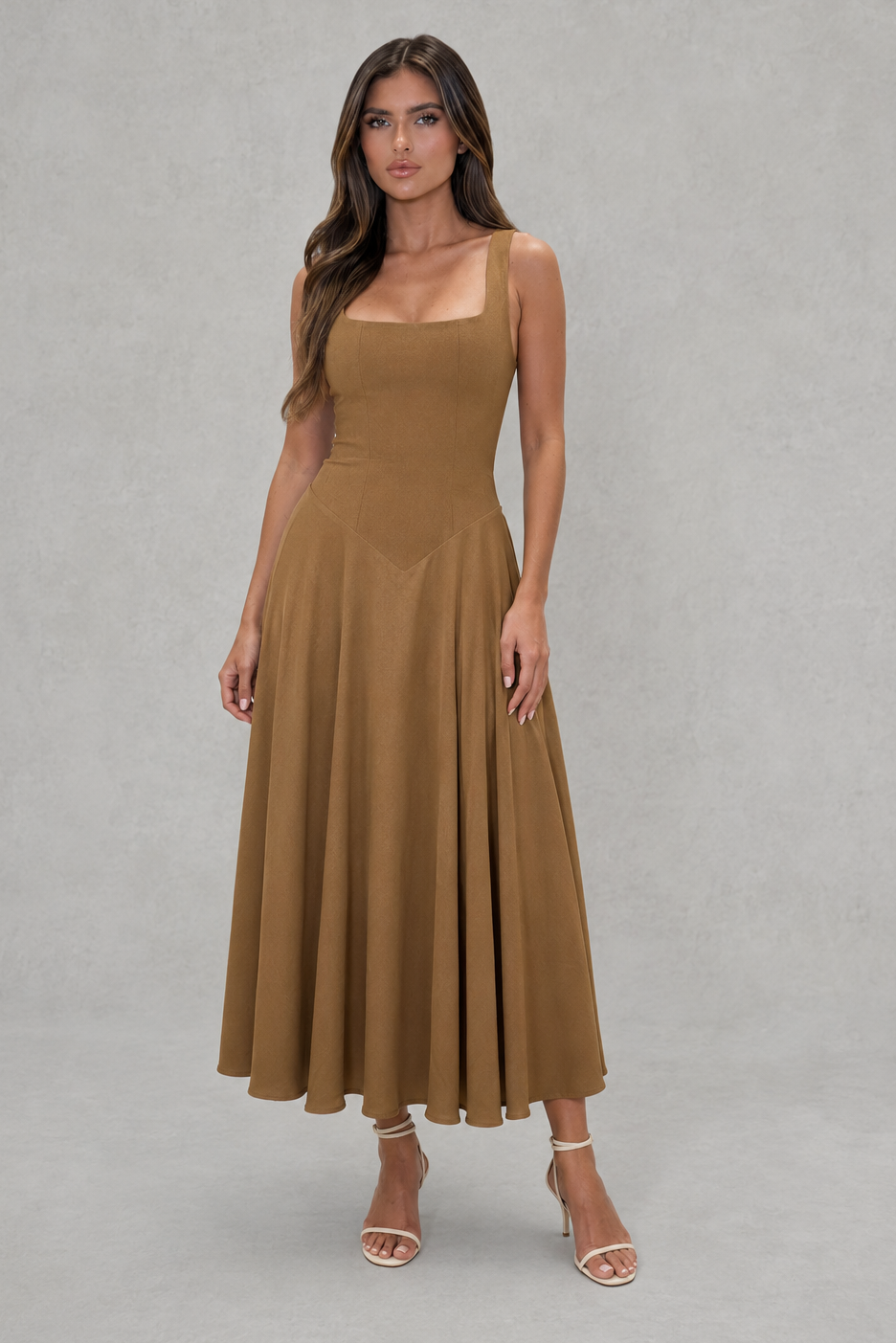 Sleeveless Square Neck A-Line Midi Dress