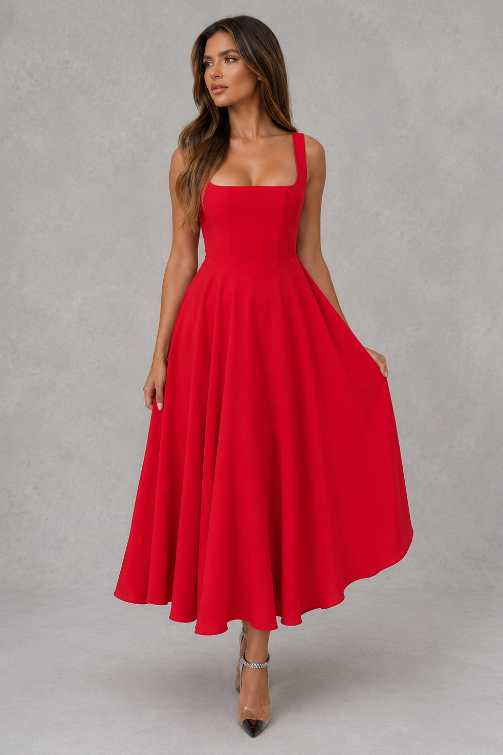 Sleeveless Square Neck A-Line Midi Dress