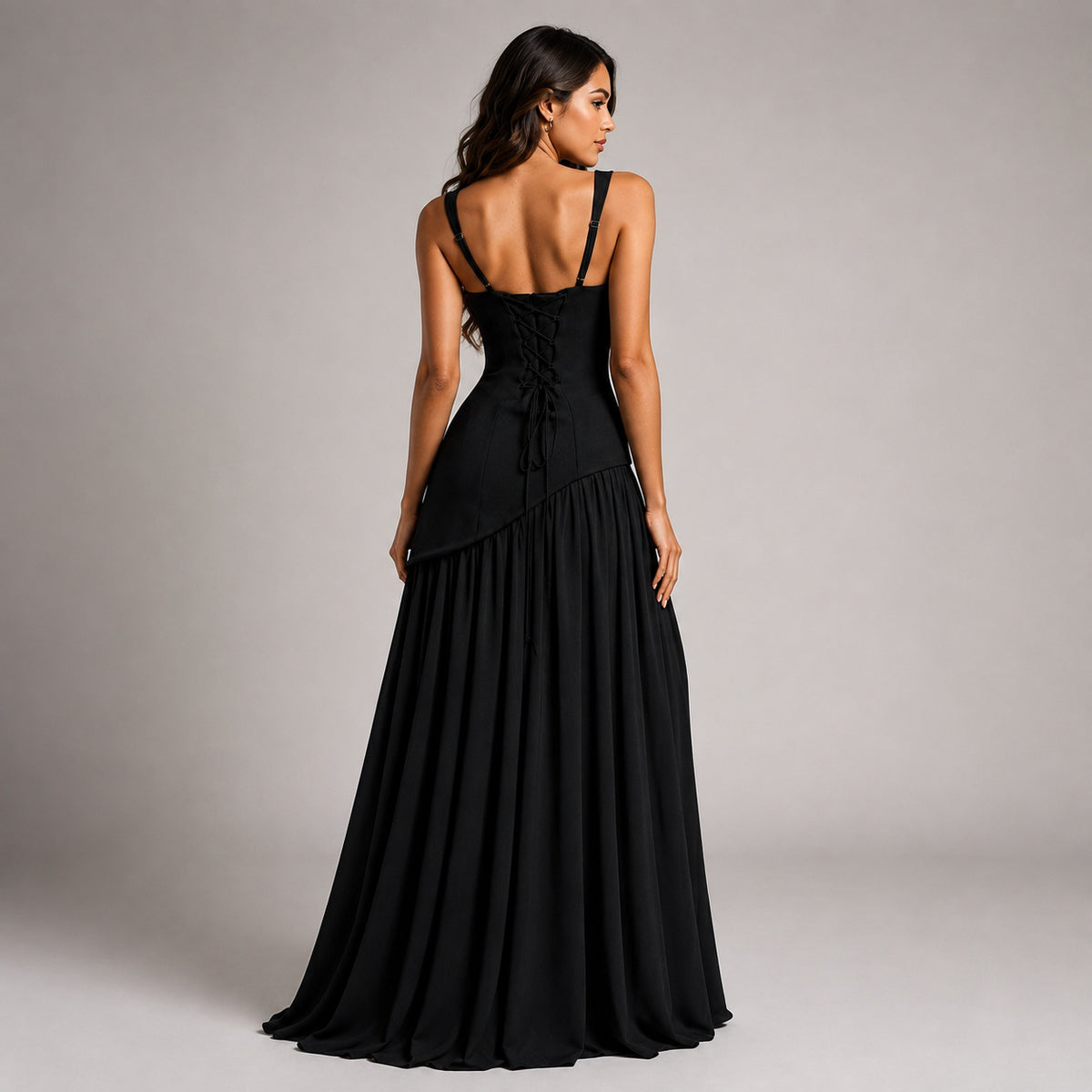 Sleeveless Square Neck Lace-Up Satin Maxi Dress