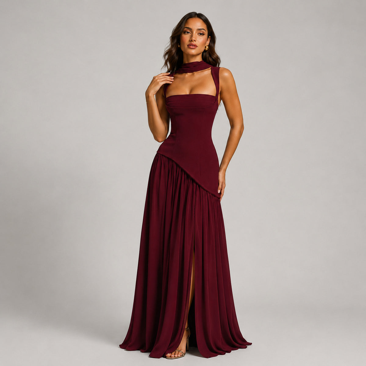 Sleeveless Square Neck Lace-Up Satin Maxi Dress
