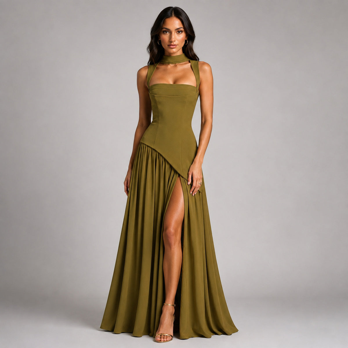 Sleeveless Square Neck Lace-Up Satin Maxi Dress