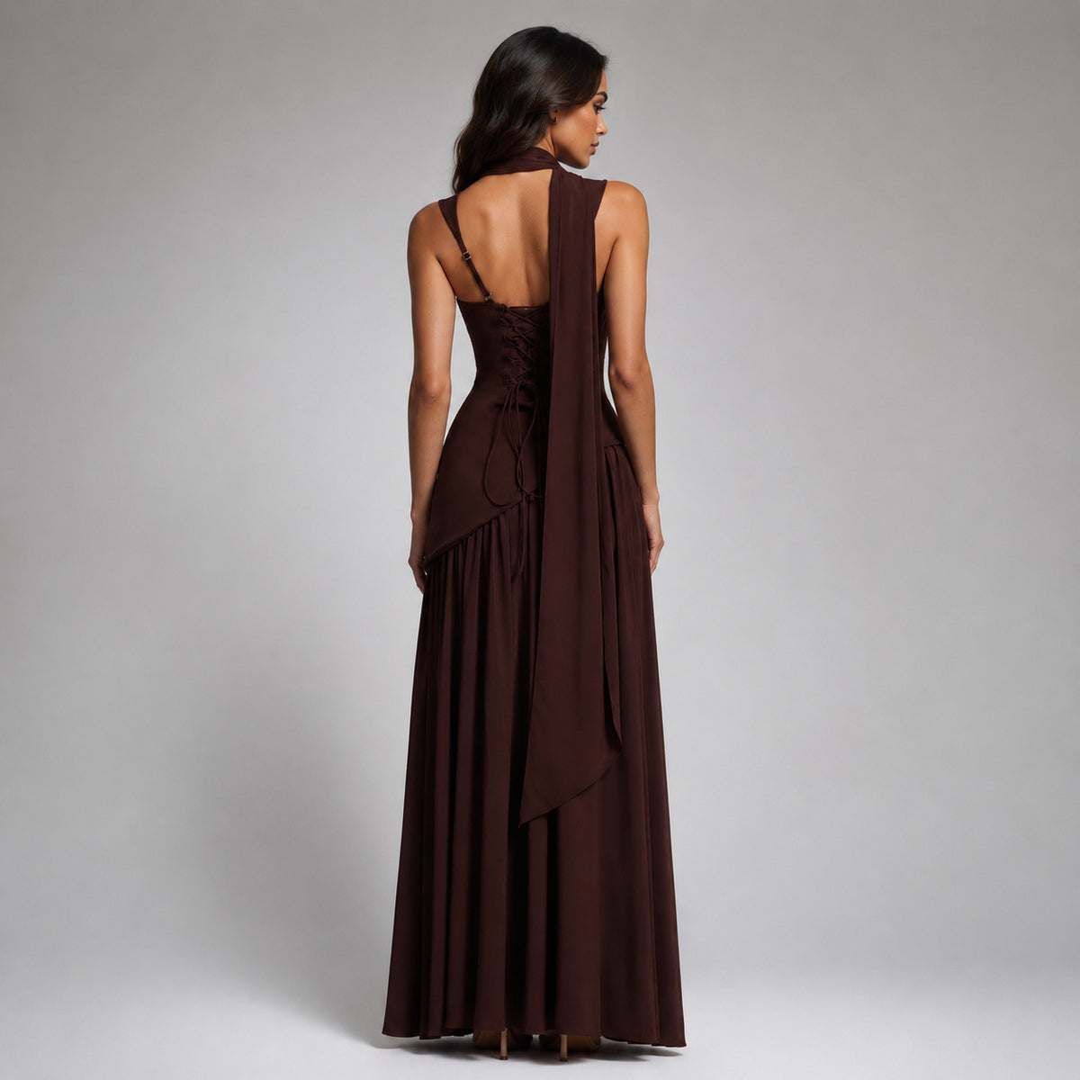 Sleeveless Square Neck Lace-Up Satin Maxi Dress