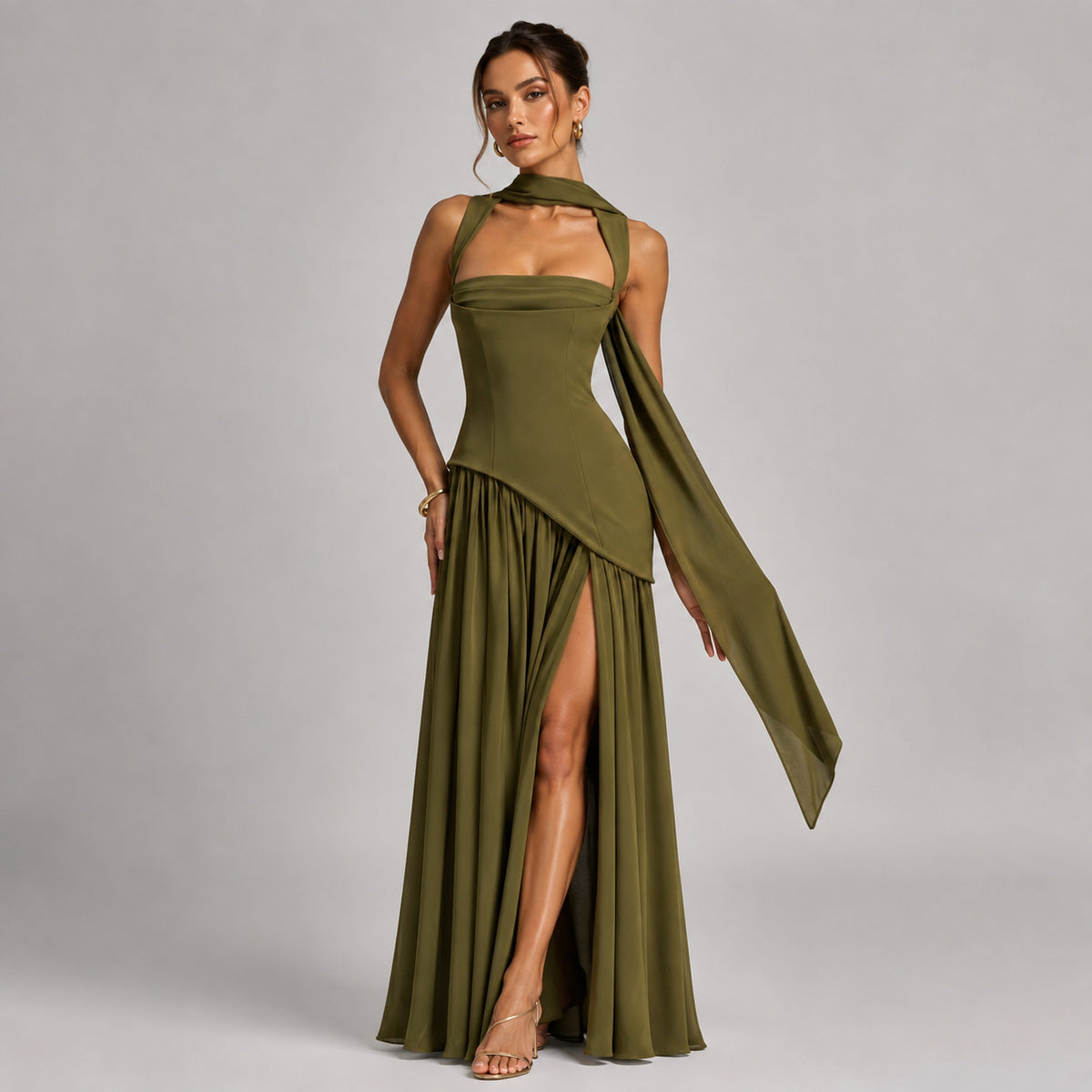 Sleeveless Square Neck Lace-Up Satin Maxi Dress