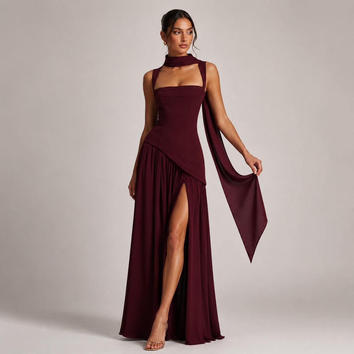 Sleeveless Square Neck Lace-Up Satin Maxi Dress
