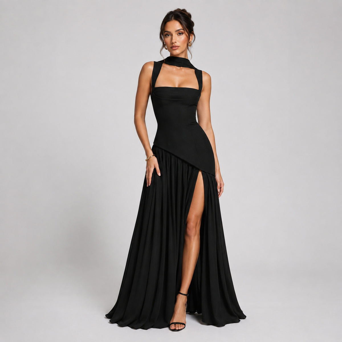 Sleeveless Square Neck Lace-Up Satin Maxi Dress