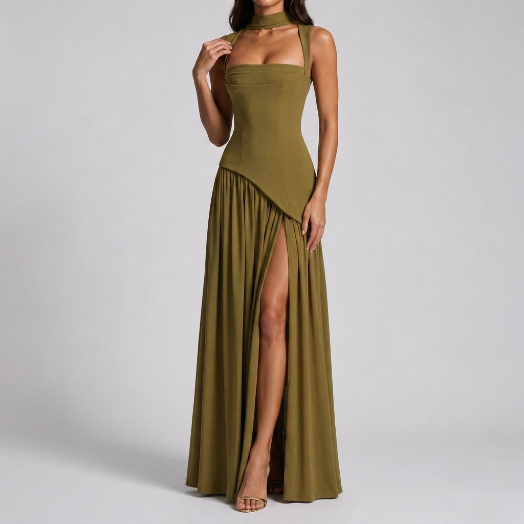 Sleeveless Square Neck Satin Maxi Dress