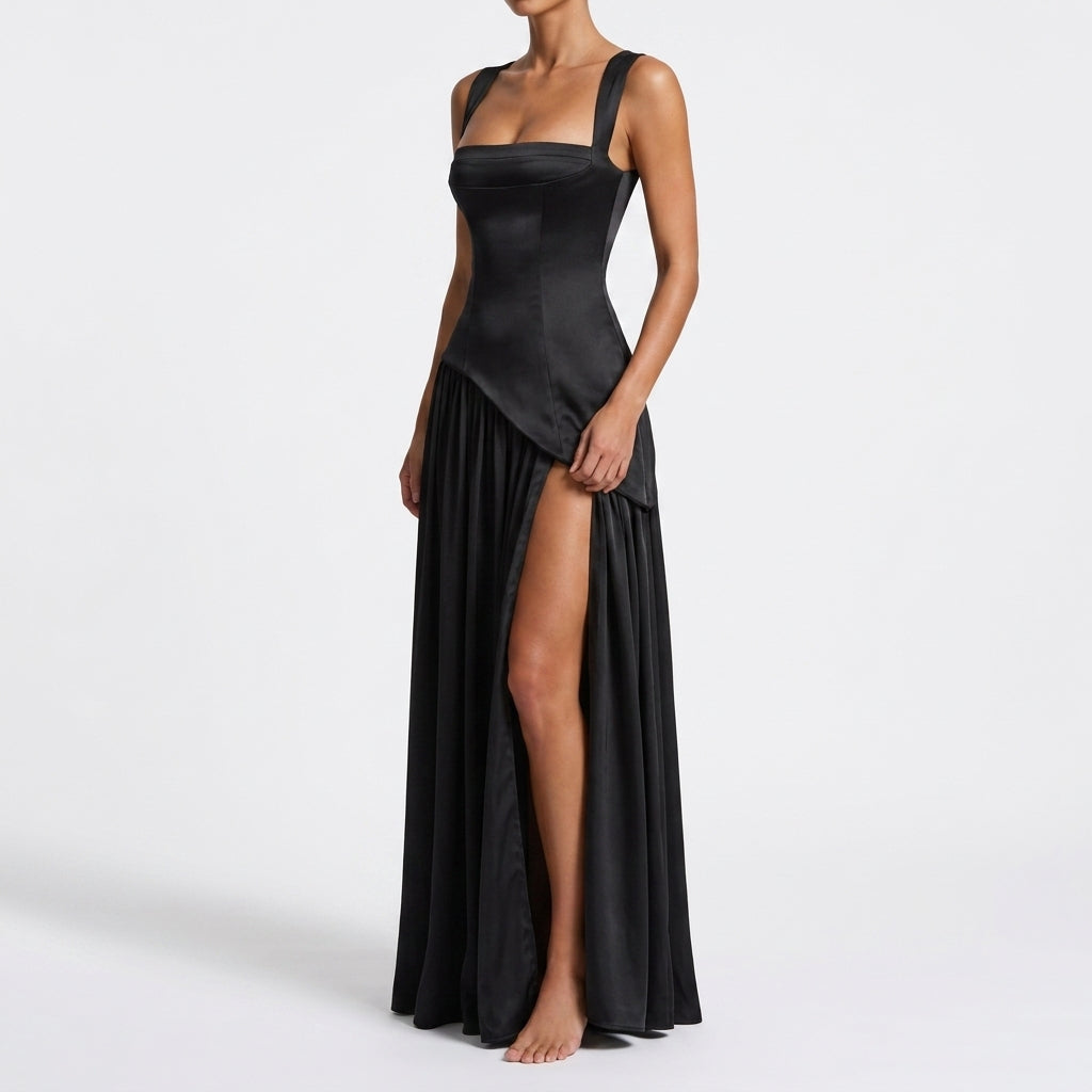 Sleeveless Square Neck Satin Maxi Dress