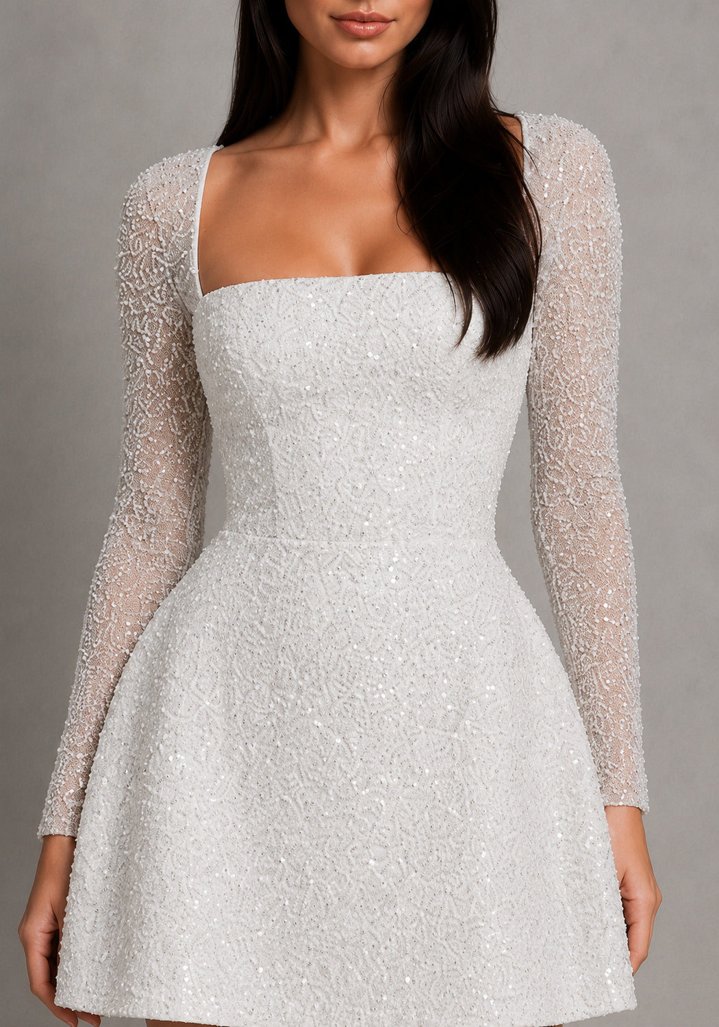 Square Neck Lace-Up Long Sleeve Mini Dress