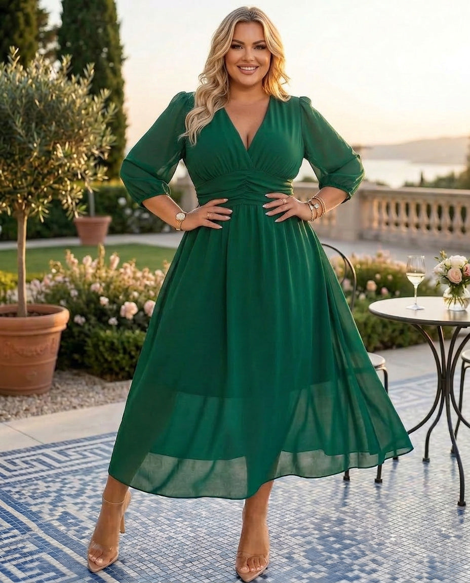 Three Quarter Sleeve V Neck Midi Wrap Dress