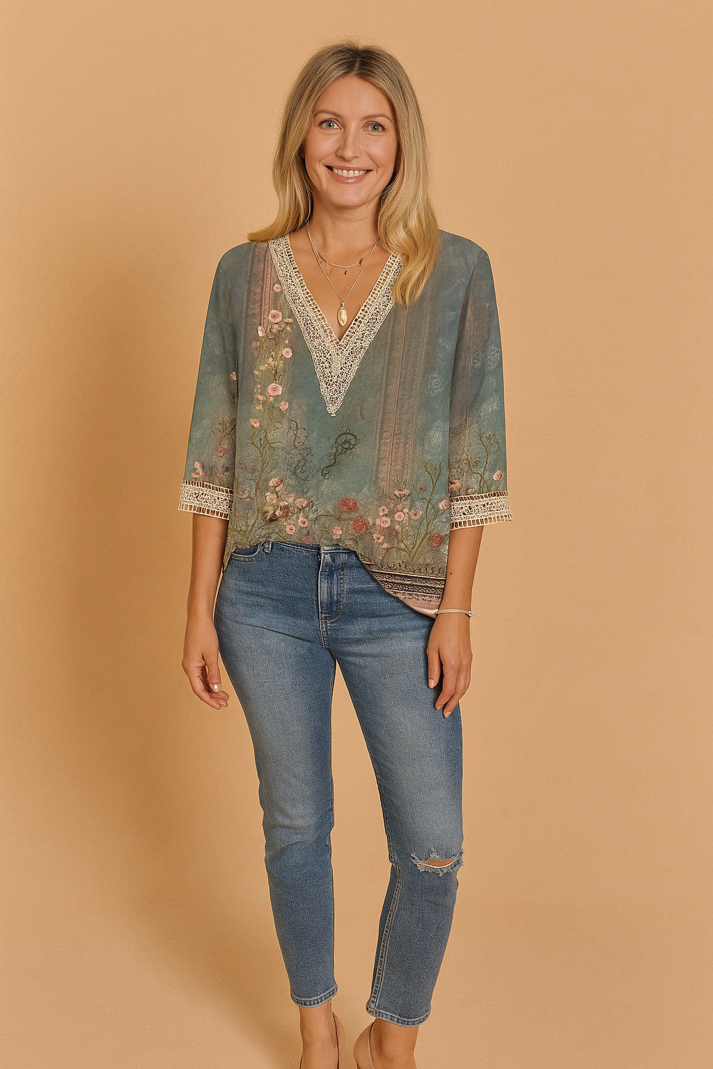 Three Quarter Sleeve V Neck Print Blouse