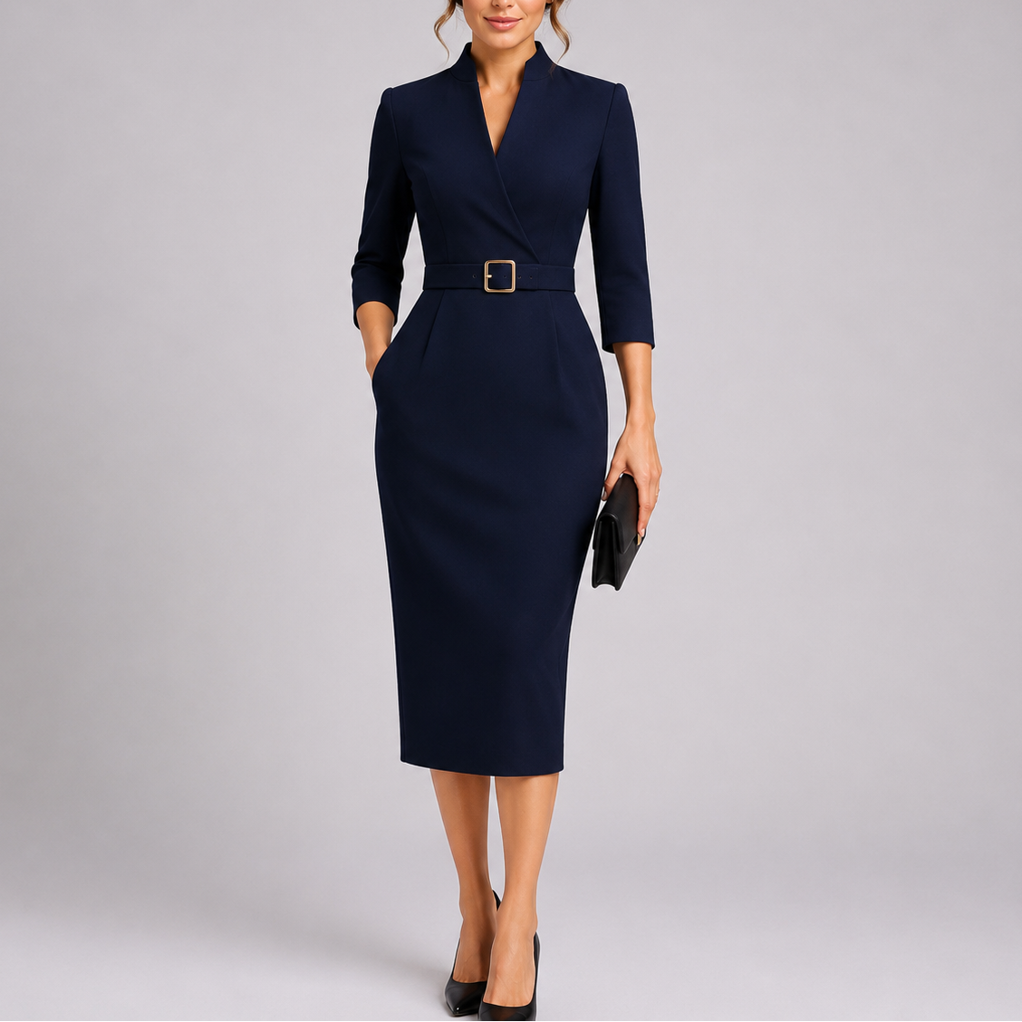 V Neck Bodycon Long Sleeve Midi Dress