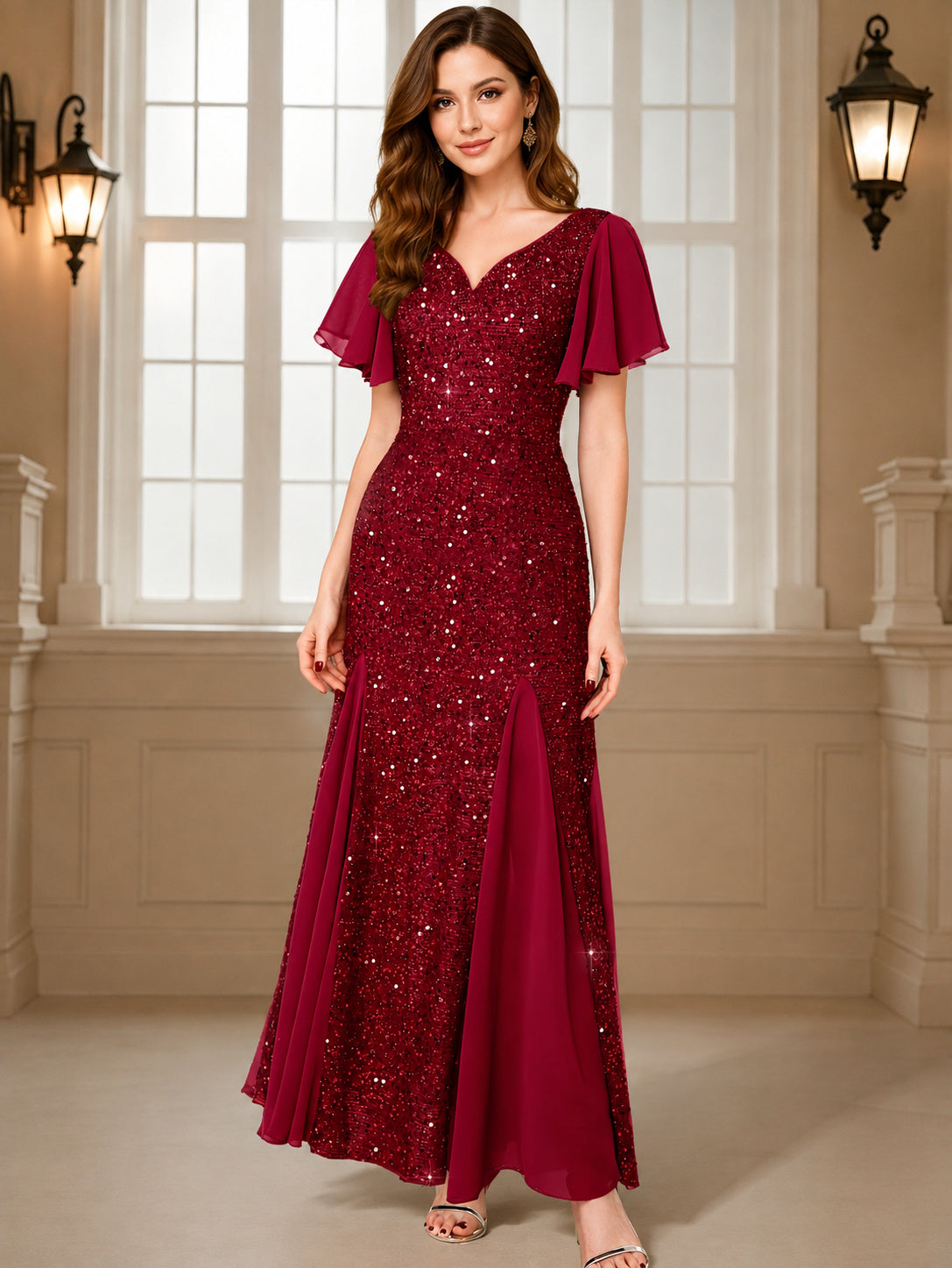 V Neck Evening Maxi Dress