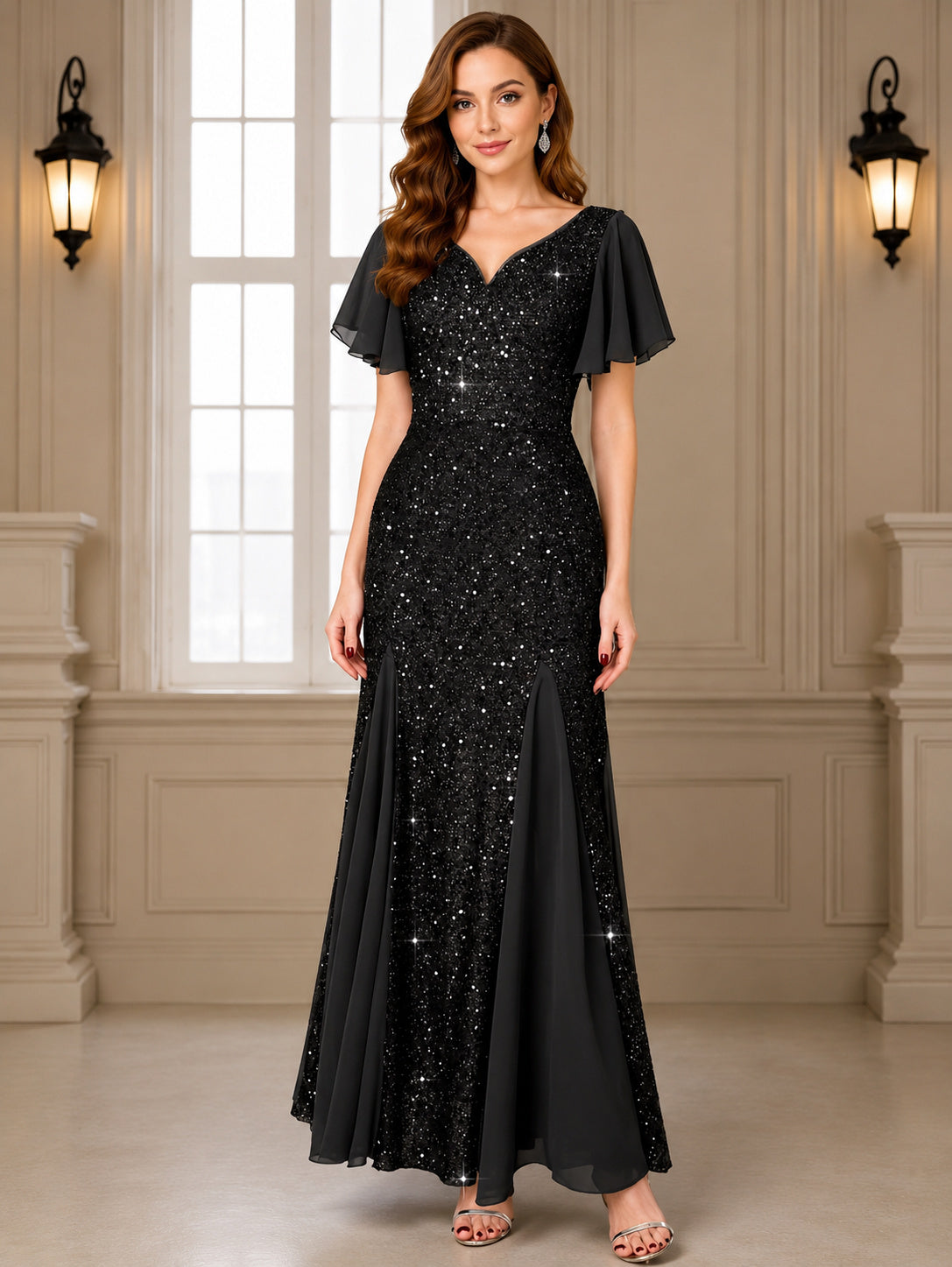 V Neck Evening Maxi Dress
