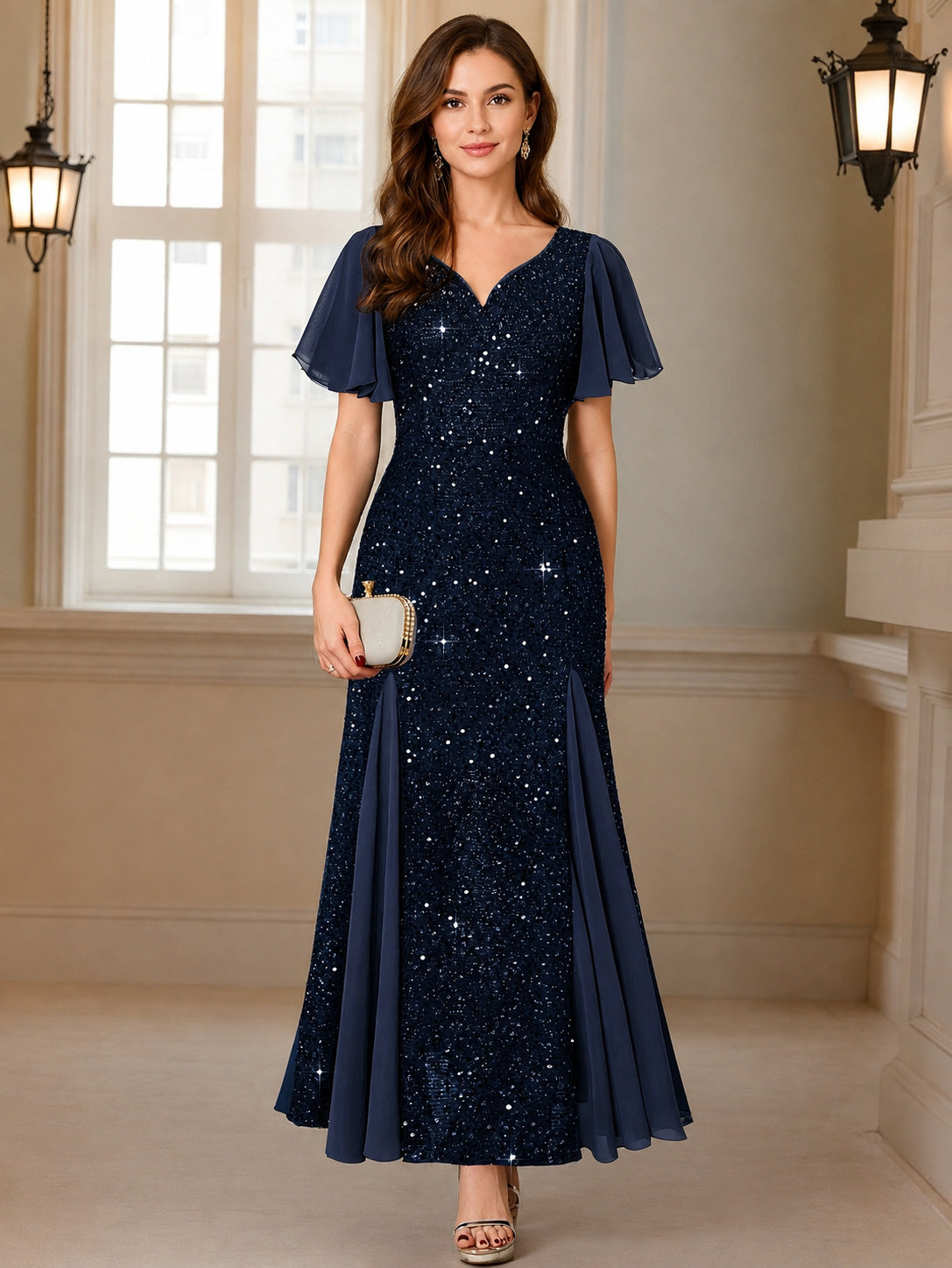 V Neck Evening Maxi Dress