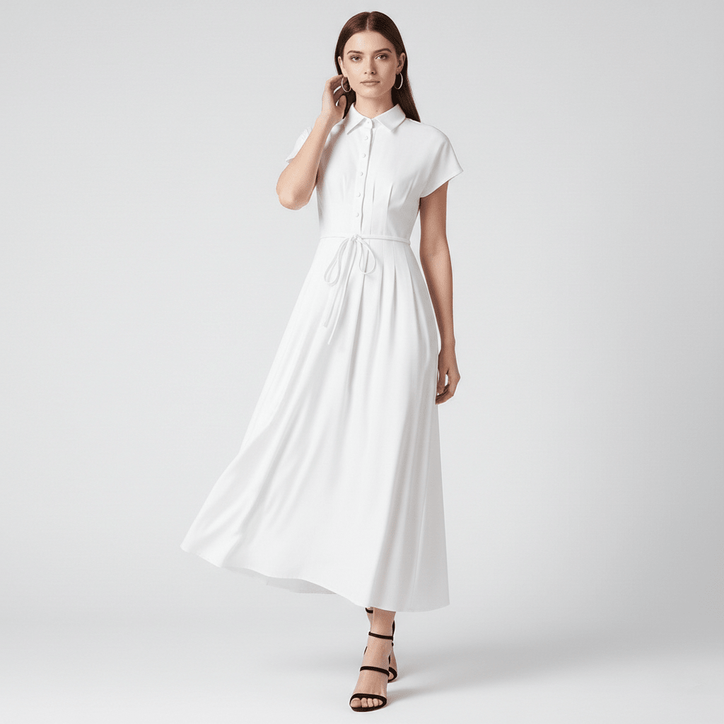 White Shirt Dress with Drawstring Waist and Full Skirt