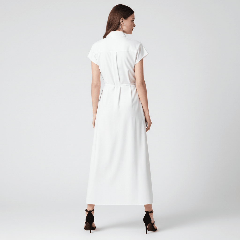 White Shirt Dress with Drawstring Waist and Full Skirt