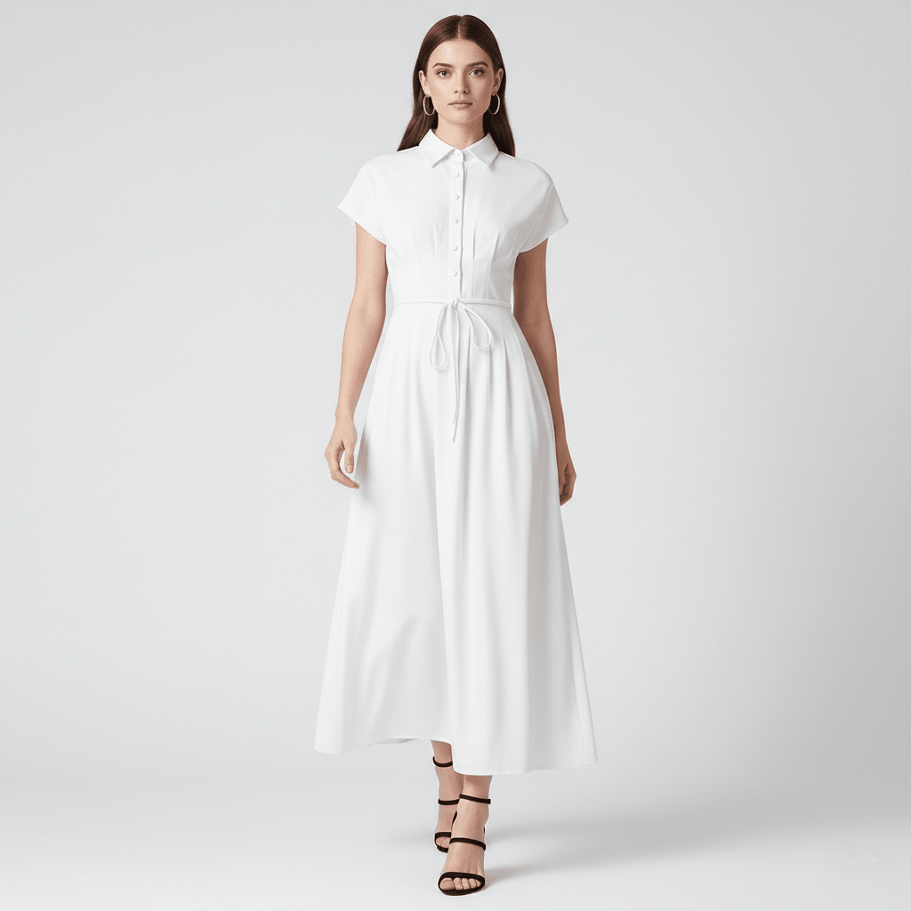 White Shirt Dress with Drawstring Waist and Full Skirt