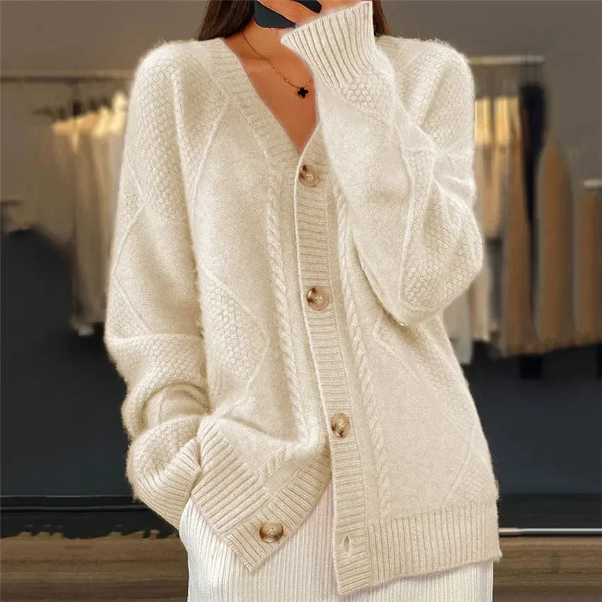 Women's Button-Down Cable Knit Cashmere Cardigan