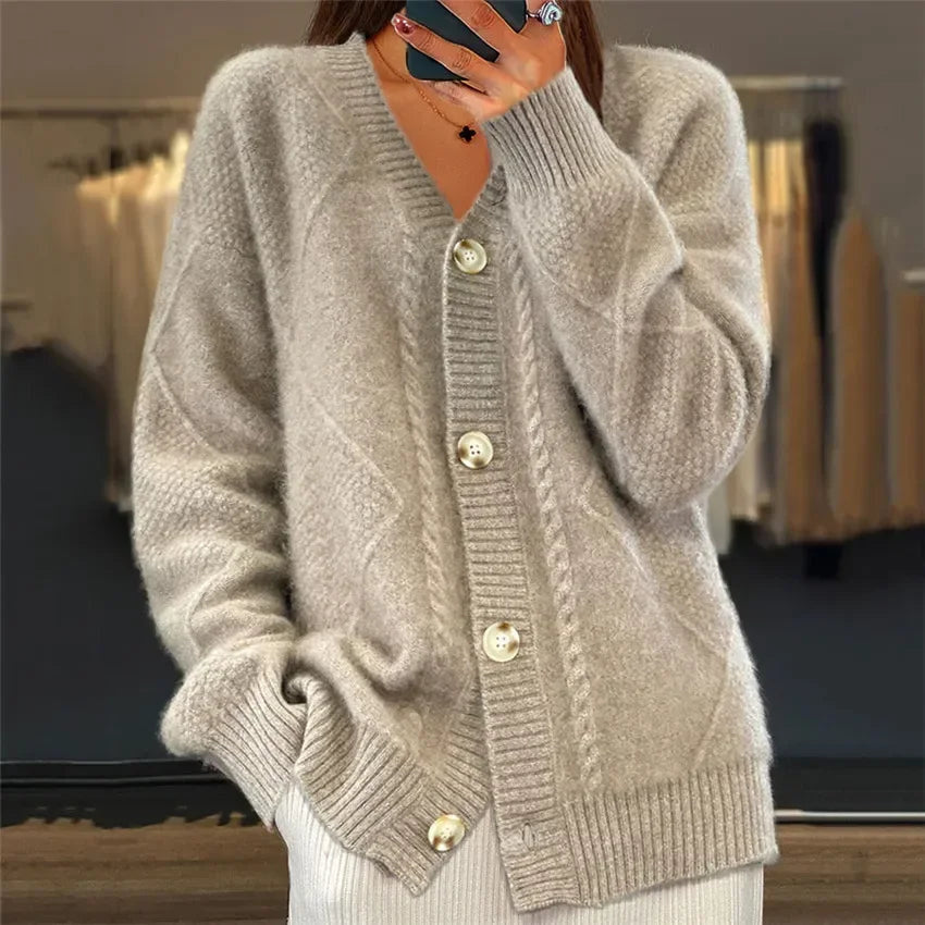 Women's Button-Down Cable Knit Cashmere Cardigan
