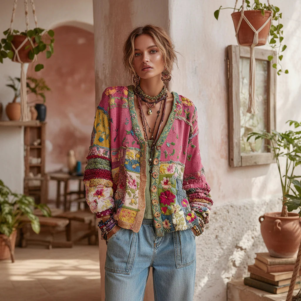 Women's Button-Down Floral V Neck Cardigan