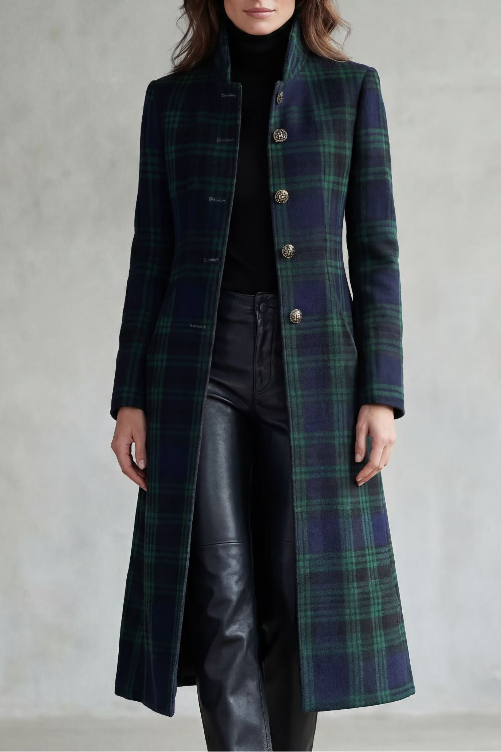 Women's Button-Up Checked Longline Wool Blend Coat
