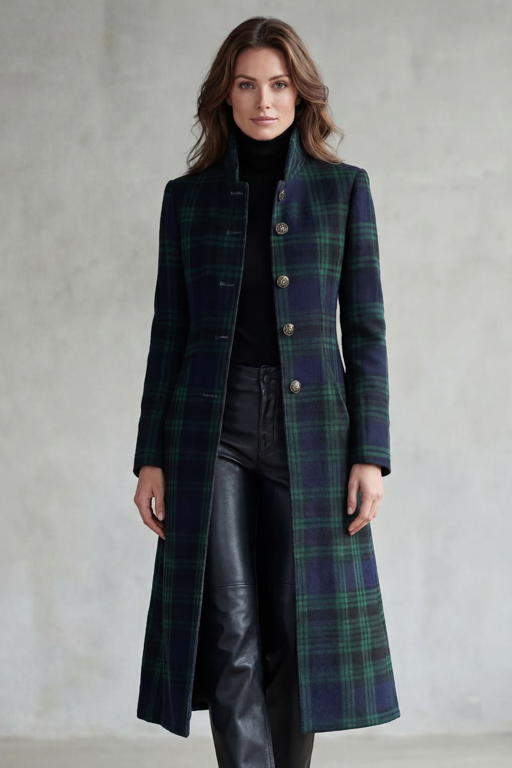 Women's Button-Up Checked Longline Wool Blend Coat