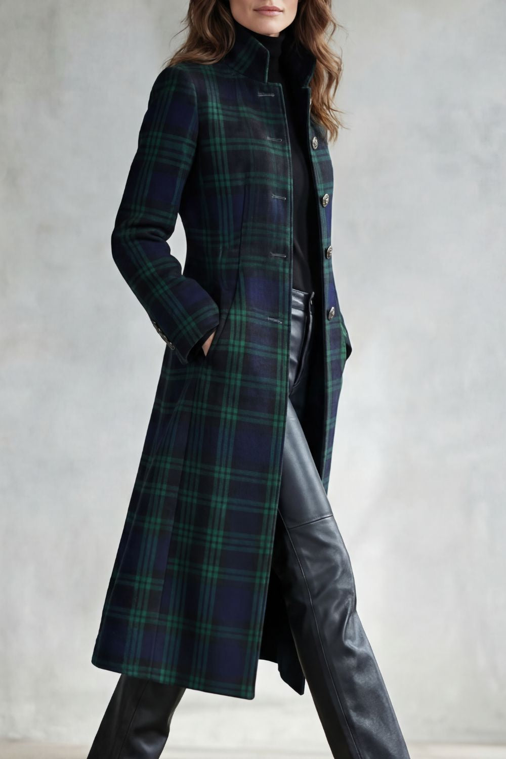 Women's Button-Up Checked Longline Wool Blend Coat