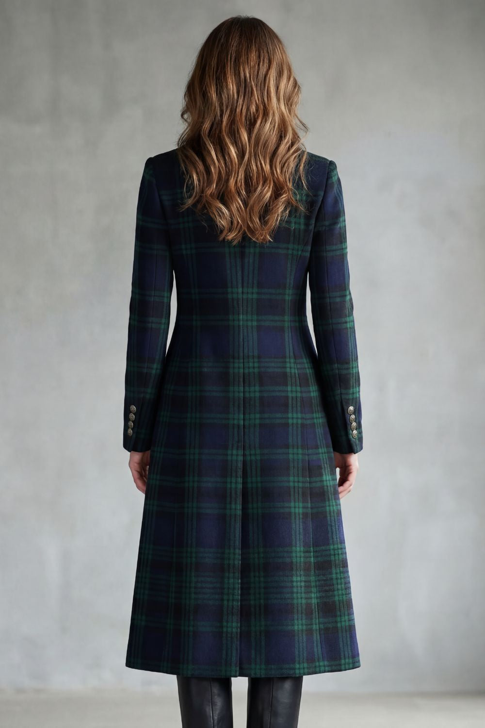 Women's Button-Up Checked Longline Wool Blend Coat