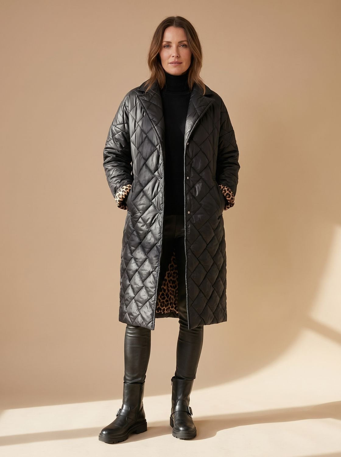 Women's Button-Up Leopard Print Longline Quilted Coat