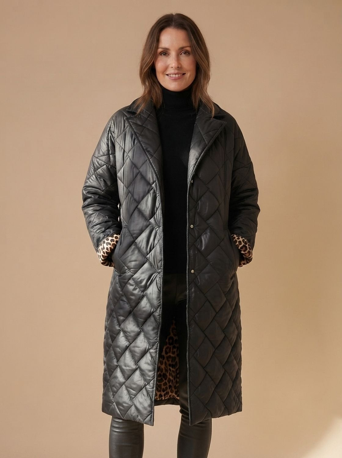 Women's Button-Up Leopard Print Longline Quilted Coat