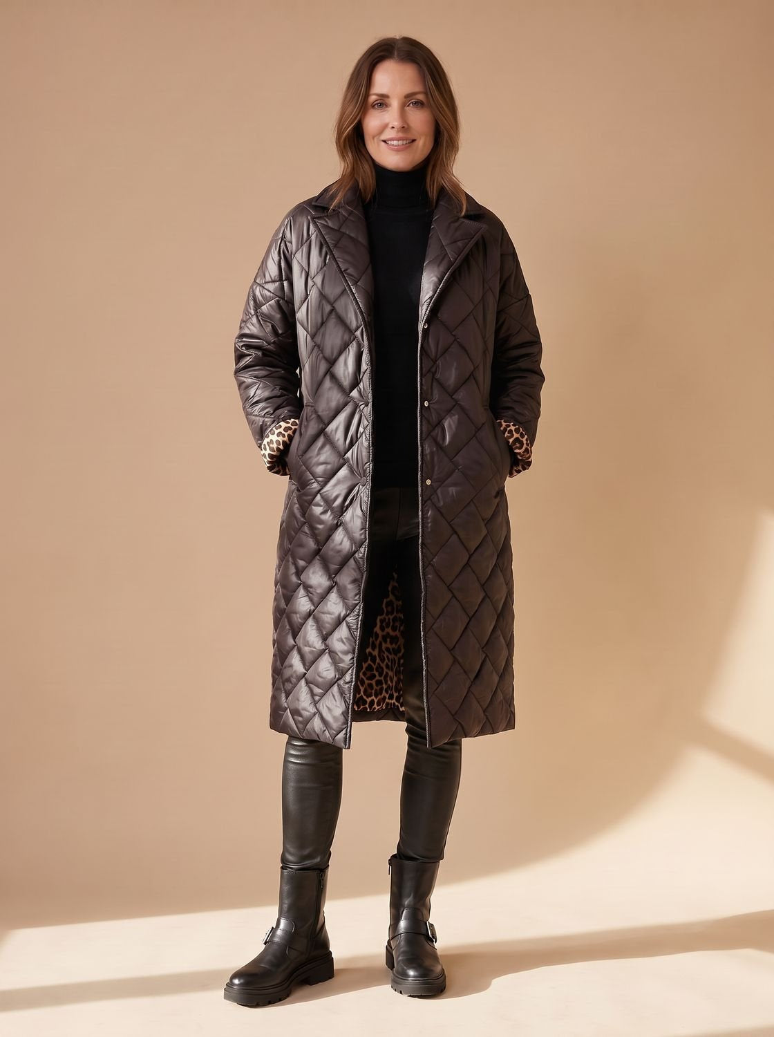 Women's Button-Up Leopard Print Longline Quilted Coat